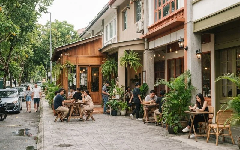 A wide street view of cafes and shophouses along a Puchong commercial row during daytime